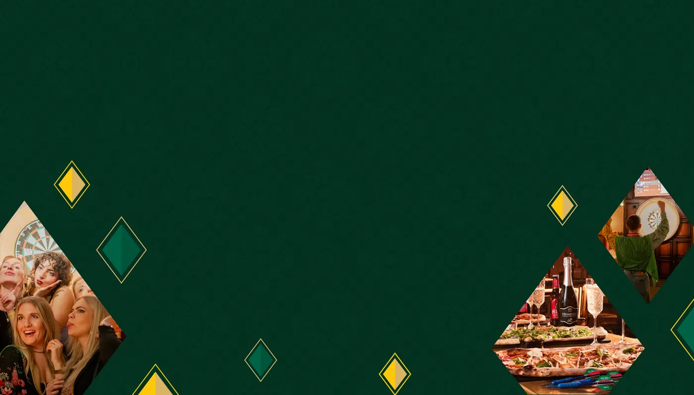 green background texture with yellow and gold diamonds and images of events at flight club